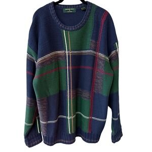 Embassy Row Mens Plaid Chunky Knit Sweater Navy Green Burgundy Cotton Size M